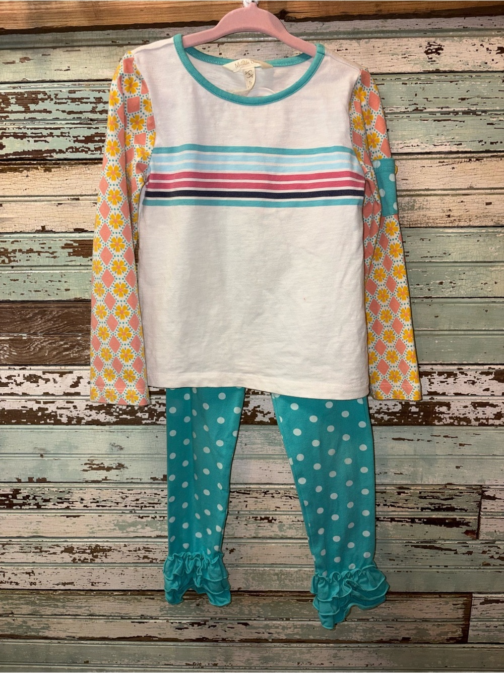 Matilda Jane White Top with Teal, Pink & Yellow 2 pc outfit Set
